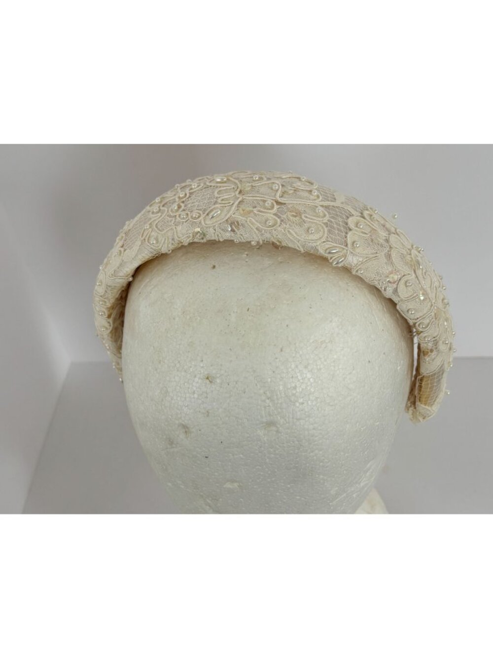 Ivory Lace Pearl Beaded Headband Bridal Wide Padded Wedding Vintage Bride - Picture 6 of 12